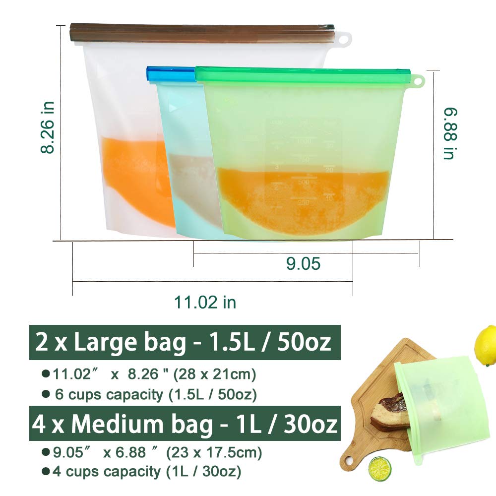 Reusable Silicone Food Bags (2 Large and 4 Medium) - Food Grade/Airtight Seal Silicone Storage Bags for Sandwich, Kids, Lunch, Snacks,Vegetable,Meat - Freezer Dishwasher Safe