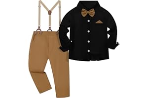 DISAUR Boys Dress Clothes Formal Outfit Long Sleeve Shirt + Suspenders Pants + Bow Tie Easter Wedding Birthday Formal Wear