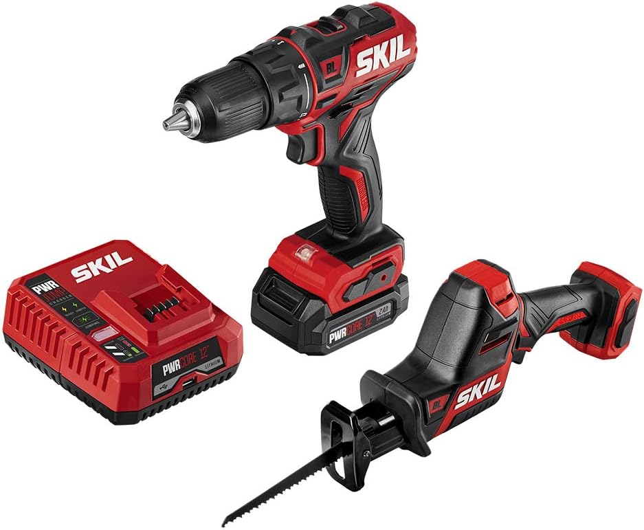 SKIL 2-Tool Kit: PWRCore 12 Brushless 12V 1/2 Inch Cordless Drill Driver and Compact Brushless Reciprocating Saw, Includes 2.0Ah Lithium Battery and PWRJump Charger - CB742601