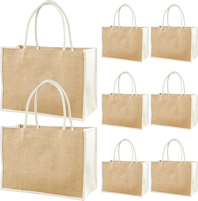 MSYU 8 Pack Burlap Tote Gift Bags, Natural Jute Grocery Shopping Bags, Reusable Canvas Gift Favors Bag with Soft Handles, DIY Crafts Bags for Bridesmaid Wedding, Beach Trip(32 x 22 x 13 cm)