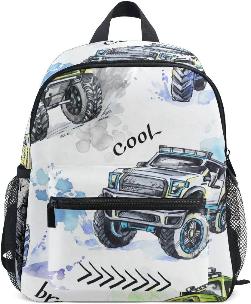 FOLPPLY kids School Bag Vintage Retro Cartoon Monster Trucks Pattern Preschool Backpacks Children Travel Daypack for Boys Girls