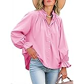 Tankaneo Womens Puff Long Sleeve Button Down Shirts Pleated V Neck Cotton Blouses Loose Fit Casual Ruffle Tops