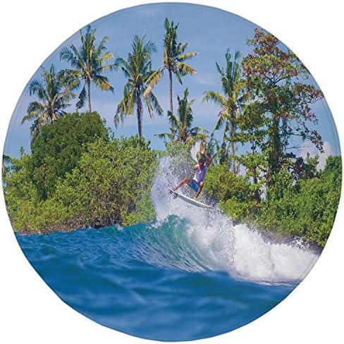JXSED Round Bathroom Rug,Ride The Wave,Surfer in Ocean by Bali Island Palm Trees Dreamy Nature Scenery,Fern Green Violet Blue,Flannel Microfiber Non-slip Soft Absorbent Kitchen Floor Bath Mat Carpet