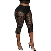 Milumia Women's See Through Lace Leggings Sexy High Waist Sheer Capri Pants Rave Outfit
