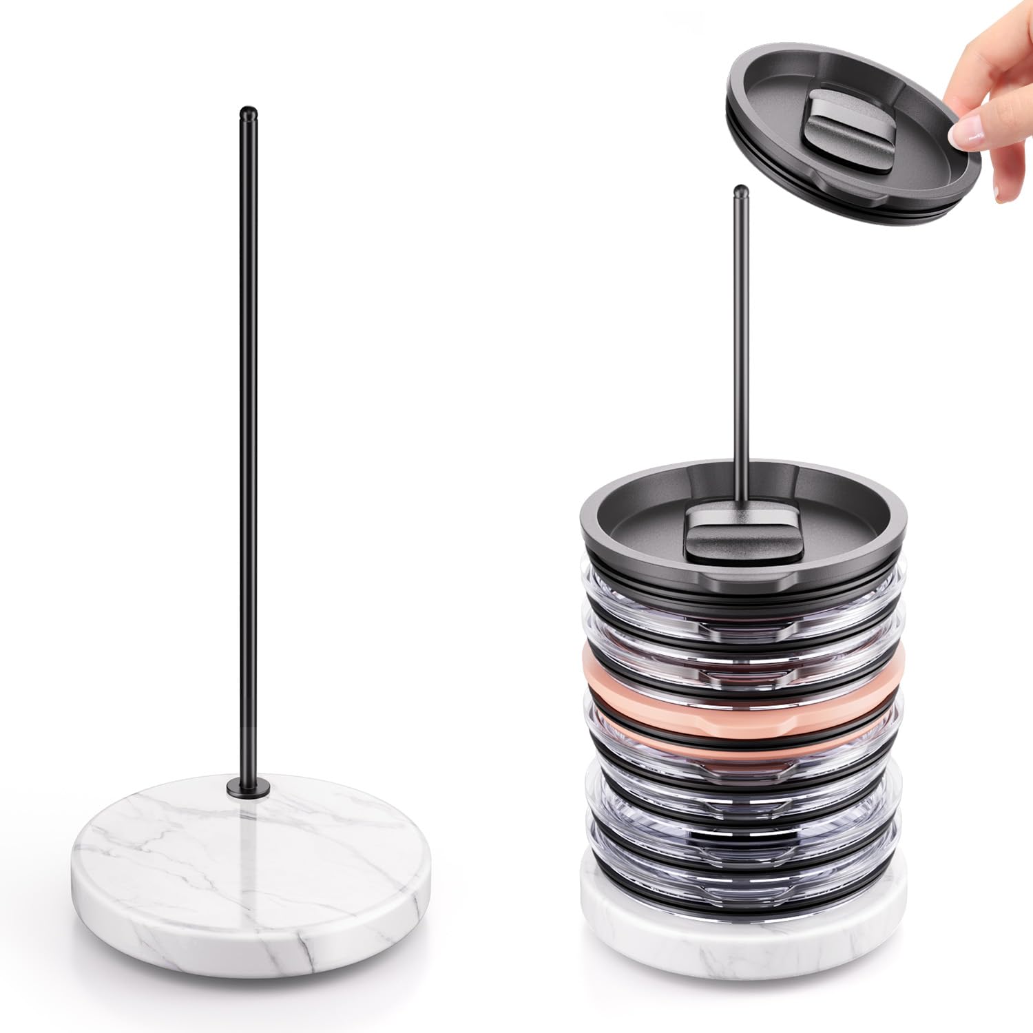 Photo 1 of FunViet Tumbler Lid Organizer with Marble Base for Stanley Cup/Yeti Lid,Space-saving Vertical Cup Lid Stacker Storage Design for Up to 10 Lids,Clutter-Free Kitchen Cabinets and Countertops (Black)