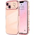 LCHULLE for iPhone 13 Case for Women Girls, Cute Wave Frame Curly Shape with Love Heart Pattern Raised Camera Protection Cover Luxury Plating Shockproof Phone Case for iPhone 13, Pink