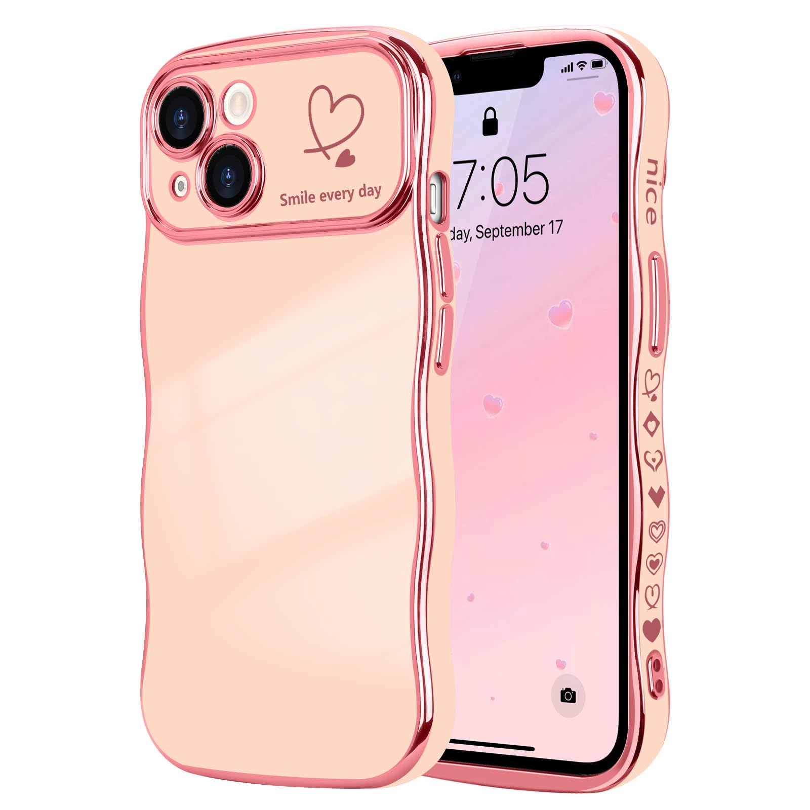 LCHULLE for iPhone 14 Plus Case for Women Girls,Cute Curly Wave Frame Shape Love Heart Pattern Phone Case,Raised Camera Protection Plating Shockproof Cover for iPhone 14 Plus 6.7",Pink — image 1