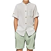 Arshiner Boy's 2 Piece Beach Outfit Short Sleeve Textured Button Down Shirt and Short Sets Summer Vacation Wear 5-12 Years