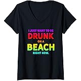 Womens DRUNK ON A BEACH SUMMER PARTY FUN FUNNY COOL DOPE V-Neck T-Shirt