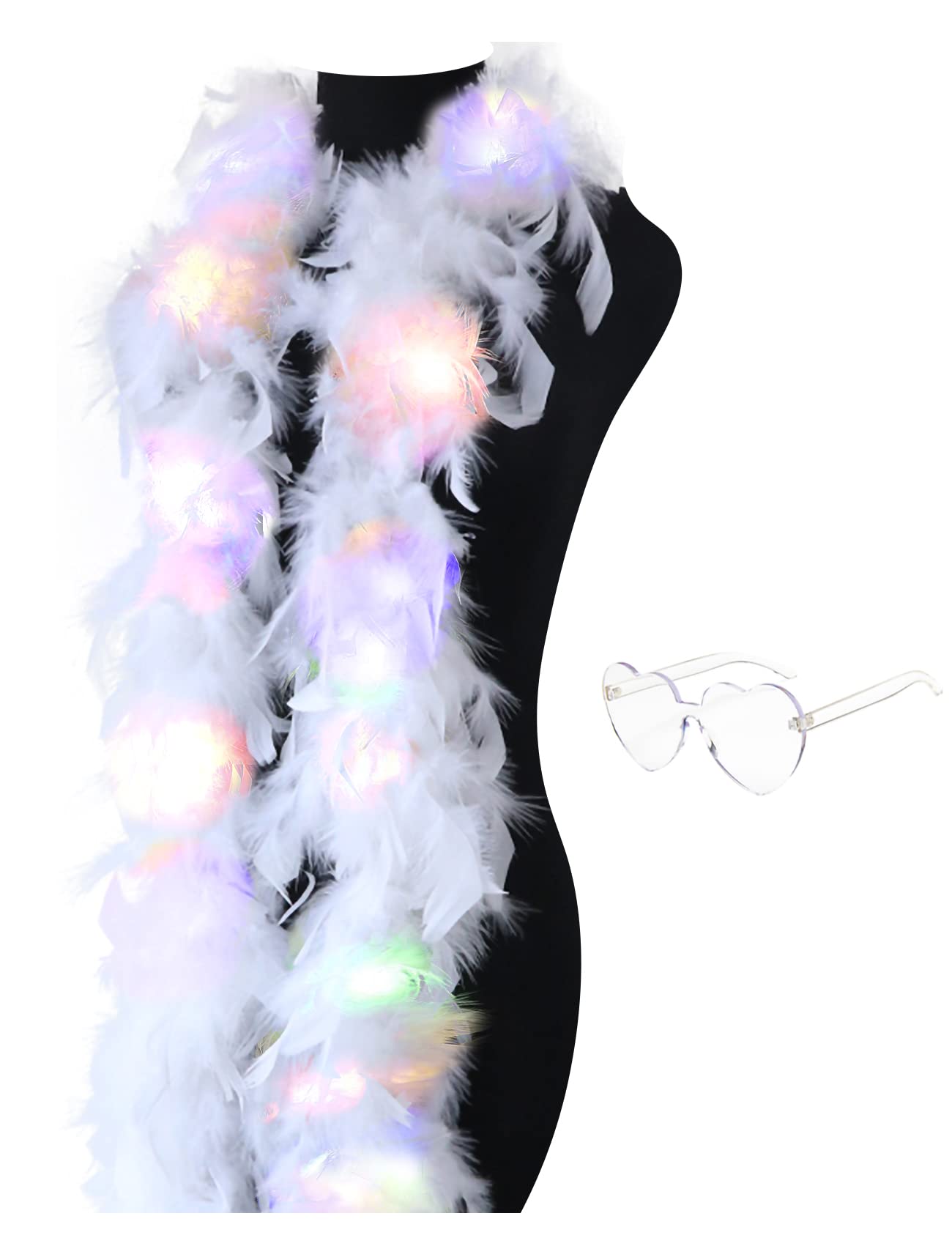 JIANGLAI Colorful Feather Boas, 6.6ft Boa with 20 Color LED Lights for Women for Dancing Wedding Party Halloween,with Heart Sunglasses (White)