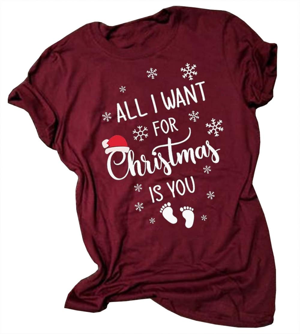 All I Want for Christmas is You T-Shirt Women Christmas Maternity Pregnancy Tee Snowflake Baby 