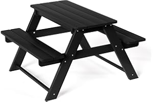 Costaelm Kids Picnic Table, HDPE All Weather Outdoor Toddler Picnic Table and Chair Set Kids Bench for Patio, Backyard, Garden, Lawn, Black