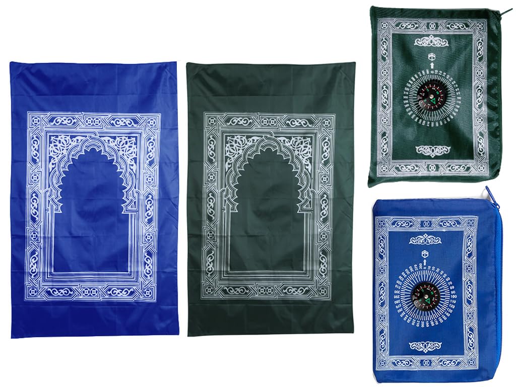 Abiyou 2 Pieces Prayer Mat, Musilm Prayer Mat, Polyester Prayer Rug, Portable Travel Prayer Mat, Islamic Travel Prayer Rug with Compass, for Muslim Prayer, Ramadan(Green,Blue)