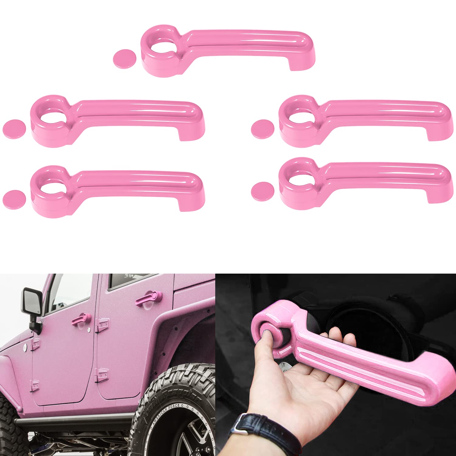 Photo 1 of Camoo Door Handle Cover Inserts & Tailgate Handle Cover ABS Exterior Door Accessories for Jeep Wrangler JK 2007-2018 4 Door / 2008-2012 Jeep Liberty / 2007-2011 Dodge Nitro 5pcs (Pink)