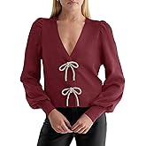 Saodimallsu Womens Bow Button Front Cardigan Sweaters V Neck Cropped Knit Sweater