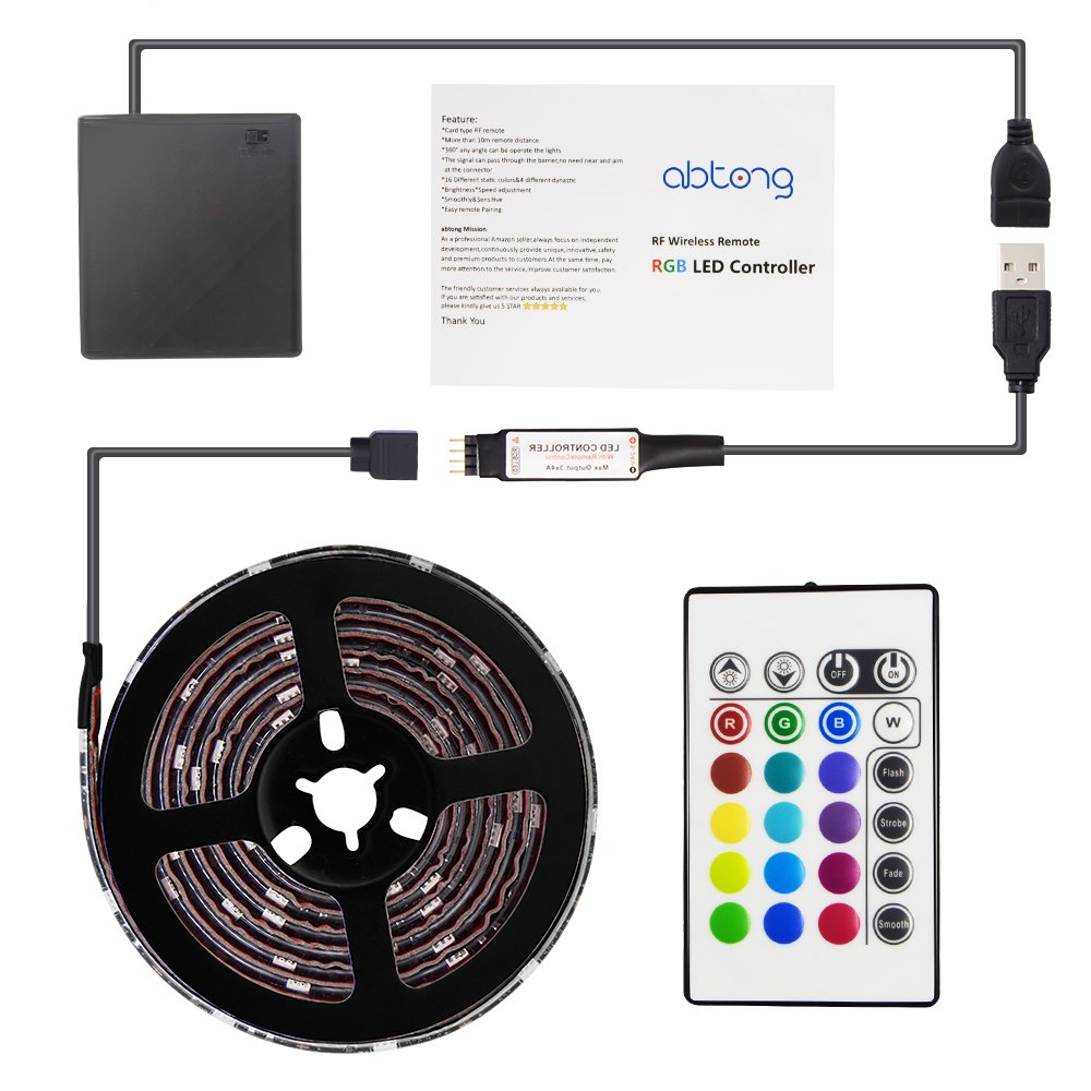 Abtong LED Strip Lights Battery Operated USB Powered TV Backlight, LED Strip Battery Powered with RF Remote Waterproof RGB LED Strip Rope Lights Multi Color Changing, 2M/6.56ft