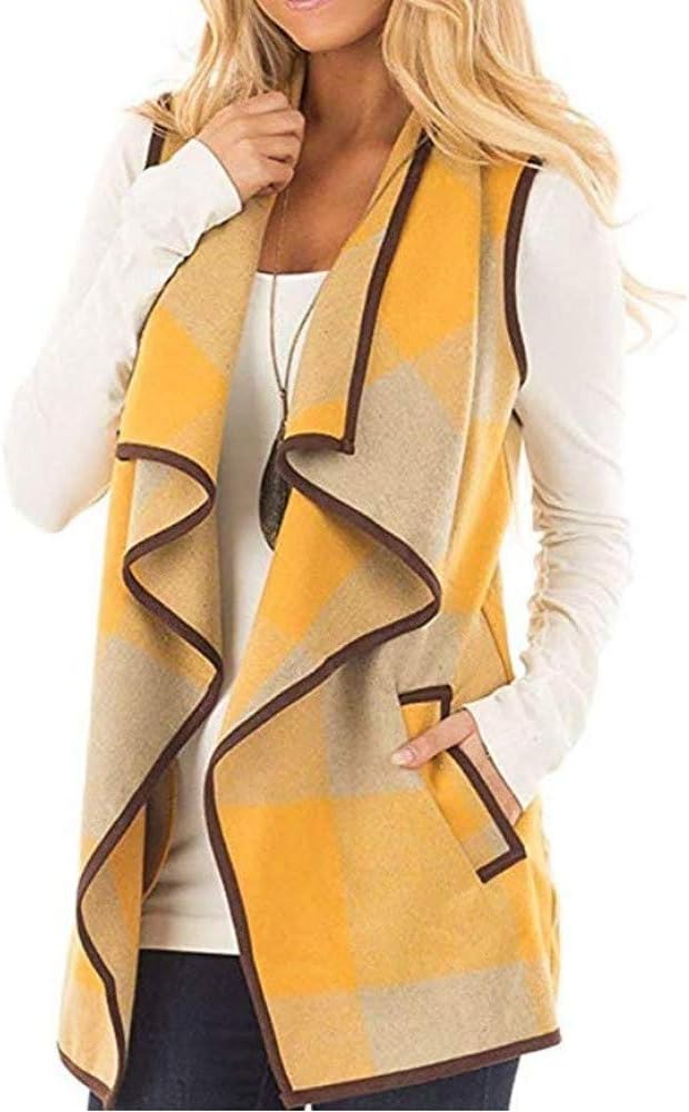 LILICAT Womens Vest Plaid Sleeveless Gilet Jacket Lapel Open Front Cardigan Sherpa Ladies Jacket Pockets Waistcoat S~XXL UK Size 10-24 Autumn Winter