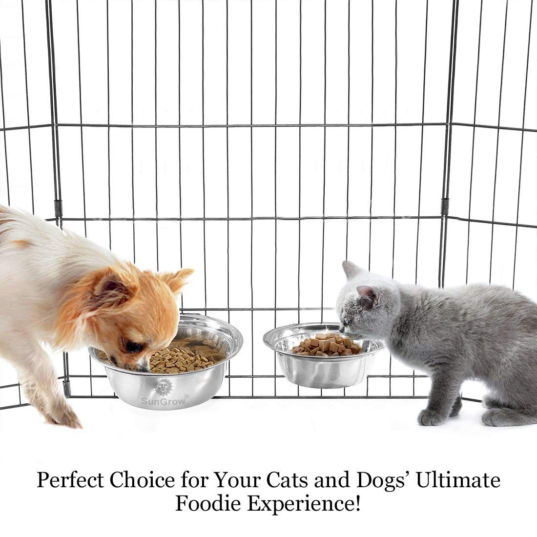 2 Stainless Steel Bowl for Pets by SunGrow: Easily attaches to cage; Perfect for Cats and Dogs; Simple removal; Reduce water and food spills; 30 oz/20 oz