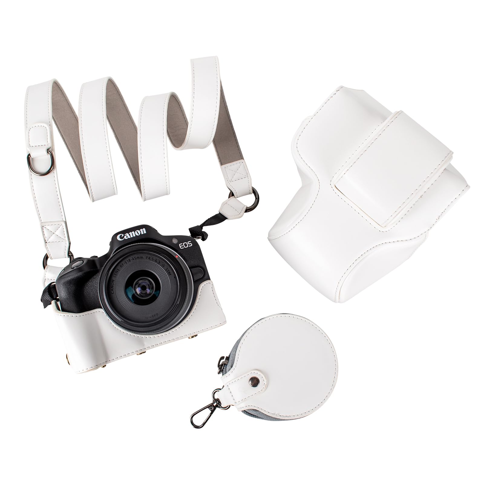 MUZIRI KINOKOO EOS R50 R100 Camera Case, Retro PU Leather Protective Case for Canon EOS R50 R100 DSLR Camera with 18-45mm Lens - with Bottom Opening & Shoulder Strap & Storage Pocket - White