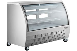 Xiltek 65" All Stainless Steel Deli Display Case with LED Lighting, Curved Glass Refrigerated Meat and Seafood Showcase, Bakery Case and Casters