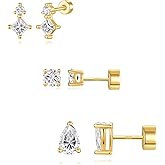 Angelady Flat Back Earrings Set for Women, Sterling Silver Flat Back Stud Earring Hypoallergenic Earrings, Dainty Gold Cartilage Earring Helix Piercing Jewelry for Women 3 Pairs