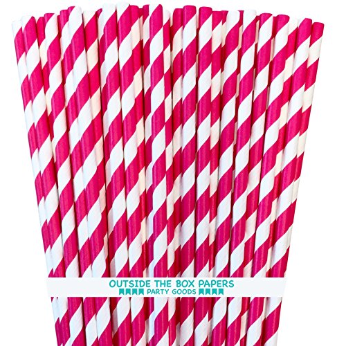 Outside the Box Papers Striped Paper Straws 7.75 Inches 100 Pack Hot Pink, White