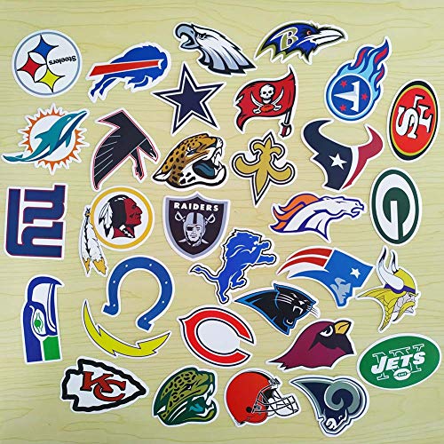 NFL Stickers All 32 Teams, Vinyl Waterproof Sport Fan Decals for Water Bottle Laptop Notebook Hydroflasks Bicycle, 49ers Steelers Cowboys Seahawks Vikings Teams Logos Football Fan Stickers Pack