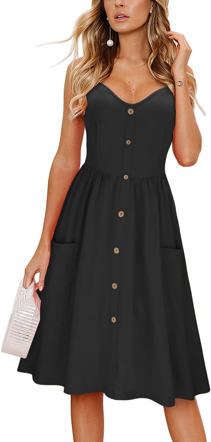 KILIGWomens Summer Dress Casual Sleeveless Beach Dresses Button Floral Sun Dress with Pockets