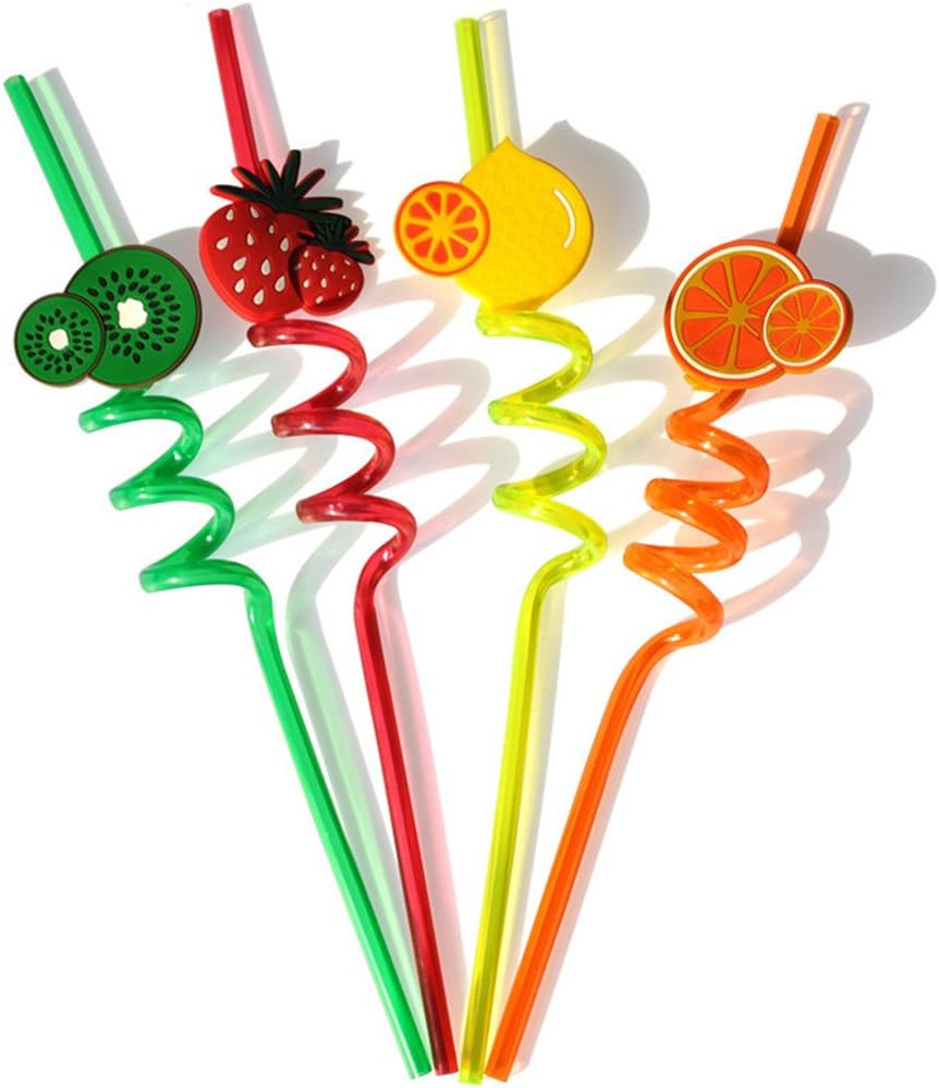 Funny Crazy Acrylic Spiral Straw with Cute Charms Fruit Drinking Straw Reusable Assorted Colors for Party Supplier