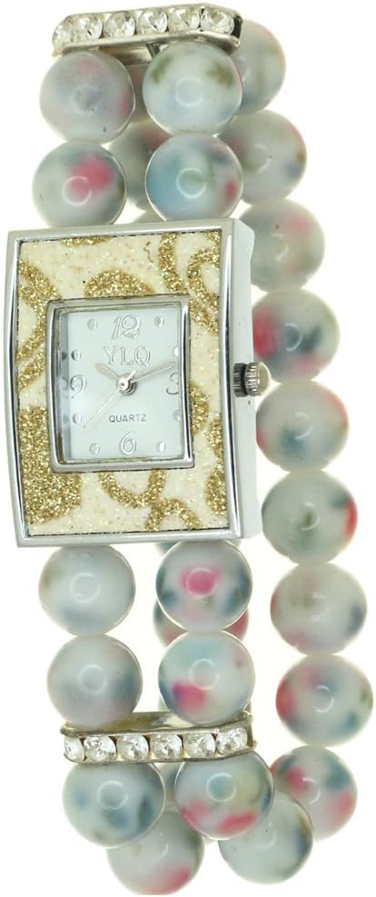Timermall Jewelry Bali Style Rainbow Simulated Pearl Bling Bracelet Steel Back Blue Dial Wristwatch