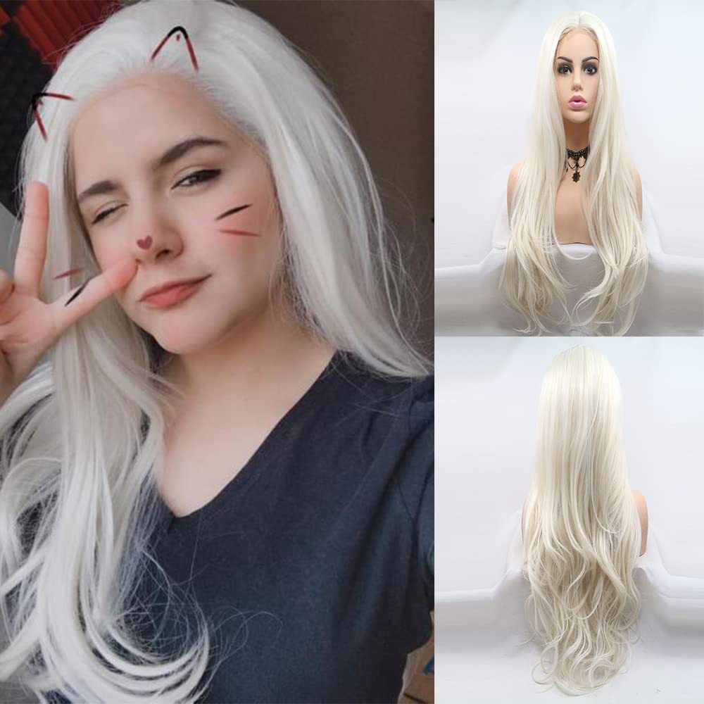 Xiweiya Platinum Blonde Wavy Wig Long White Hair Synthetic Blonde Lace Front Wigs Body Wave Hair White Queen U Part Wig Heat Resistant Fiber 180% Density Wigs for Women 24inch