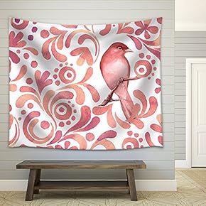 Vector - Bird on Branch 3. Watercolor Pattern. Seamless Background. Vector - Fabric Wall Tapestry Home Decor - 51x60 inches