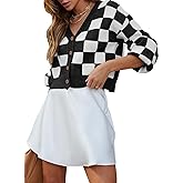 Dokotoo Womens Checkered V Neck Button Down Long Sleeve Cable Knit Cropped Cardigan Sweaters Tops