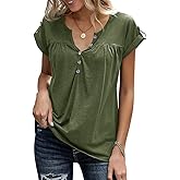 Womens V Neck T Shirts Rolled Short Sleeve Henley Tops Button Up Solid Loose fit Summer Casual Tees Shirts