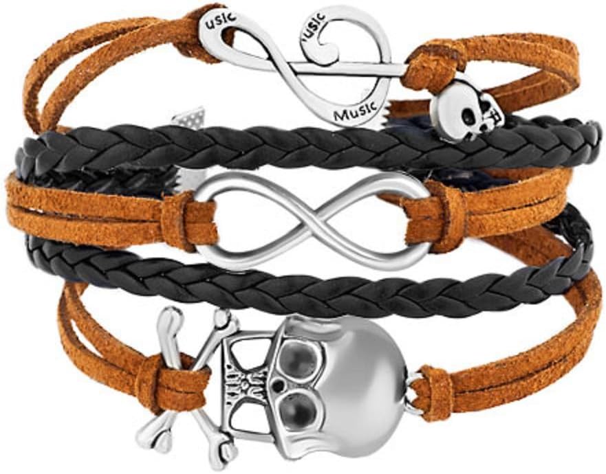 Uniqueen Braided Leather Wrap Bracelet Sideways Infinity Skull Music Note Womens Girls Wristband Bracelets