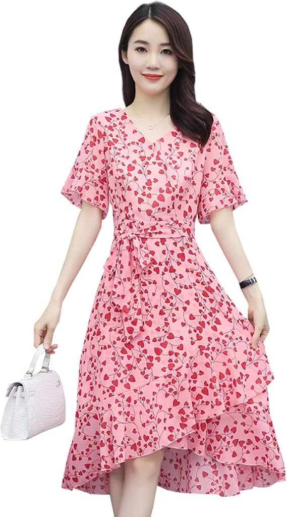 Amazon ワンピース レディース 夏 膝丈 不規則 シフォン 花柄ワンピース ベルスリーブ Vネック ハイウエスト 着痩せ オシャレ きれいめ 大人 ドレス 通勤 通学 フォーマル お出かけ 旅行 ビーチ リゾート ハート柄 ブラック ピンク S 2xl ワンピース チュニック 通販