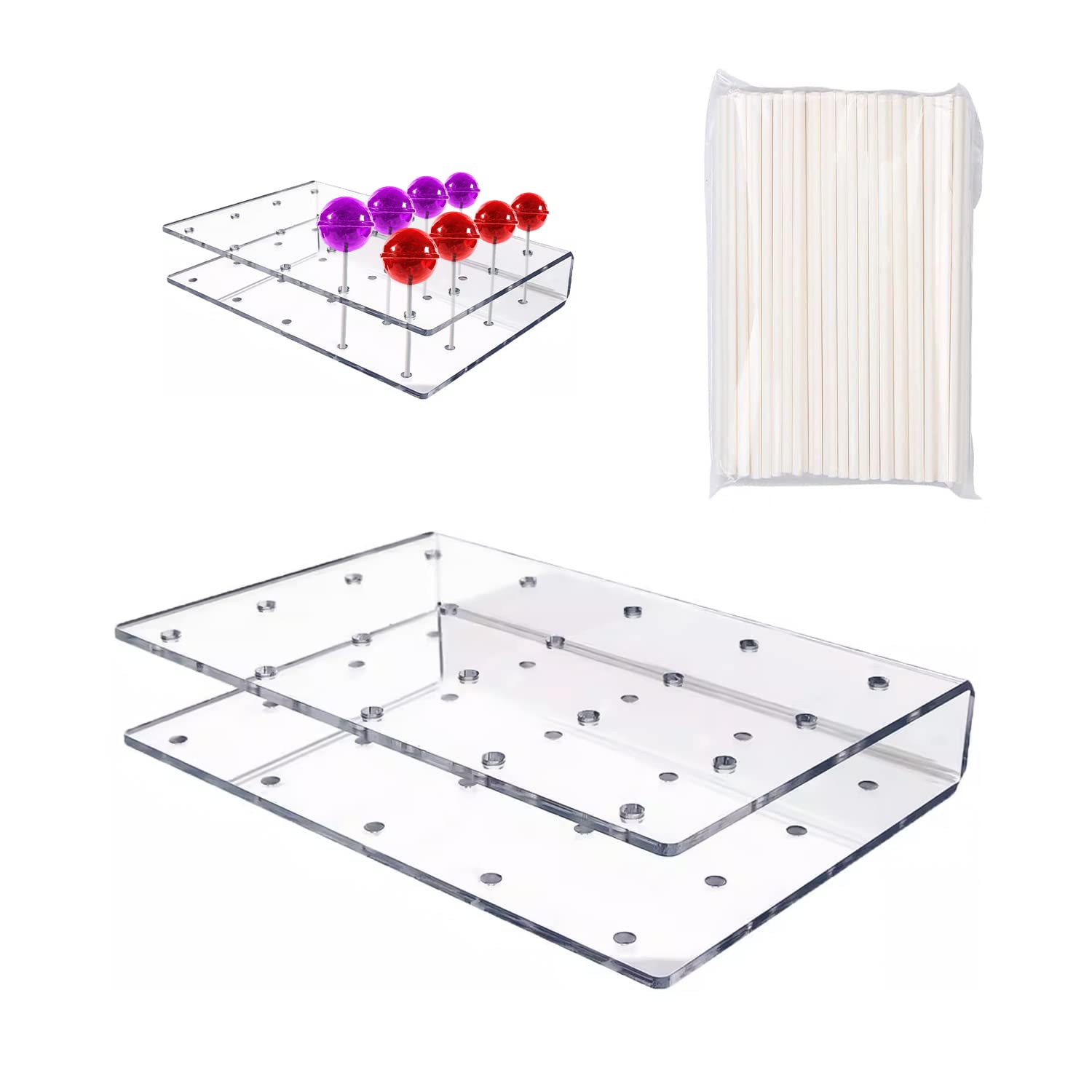 MUEEAD 1 Piece 20-hole Candy Holder with 100 Paper Sticks, Double Layer Holder, Acrylic Display Stand, Suitable for Party, Wedding, Exhibition, Dessert, DIY Decoration
