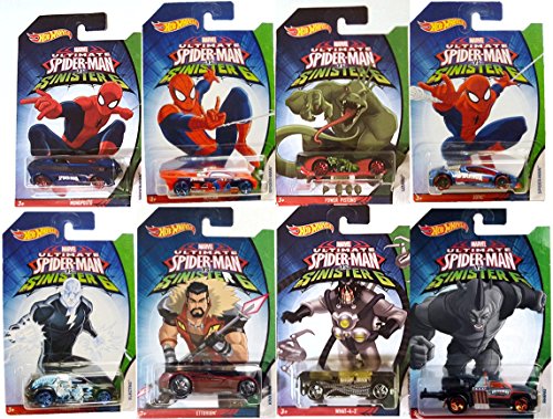 Hot Wheels Marvel Ultimate Spider-Man Comic Super Hero Sinister 6 Car Set Electro Fandango / Lizard Power / Doctor Octopus / Kraven / Spider-man Bedlam / Spider-Man Zotic / Rhino Repo Duty Tow Truck