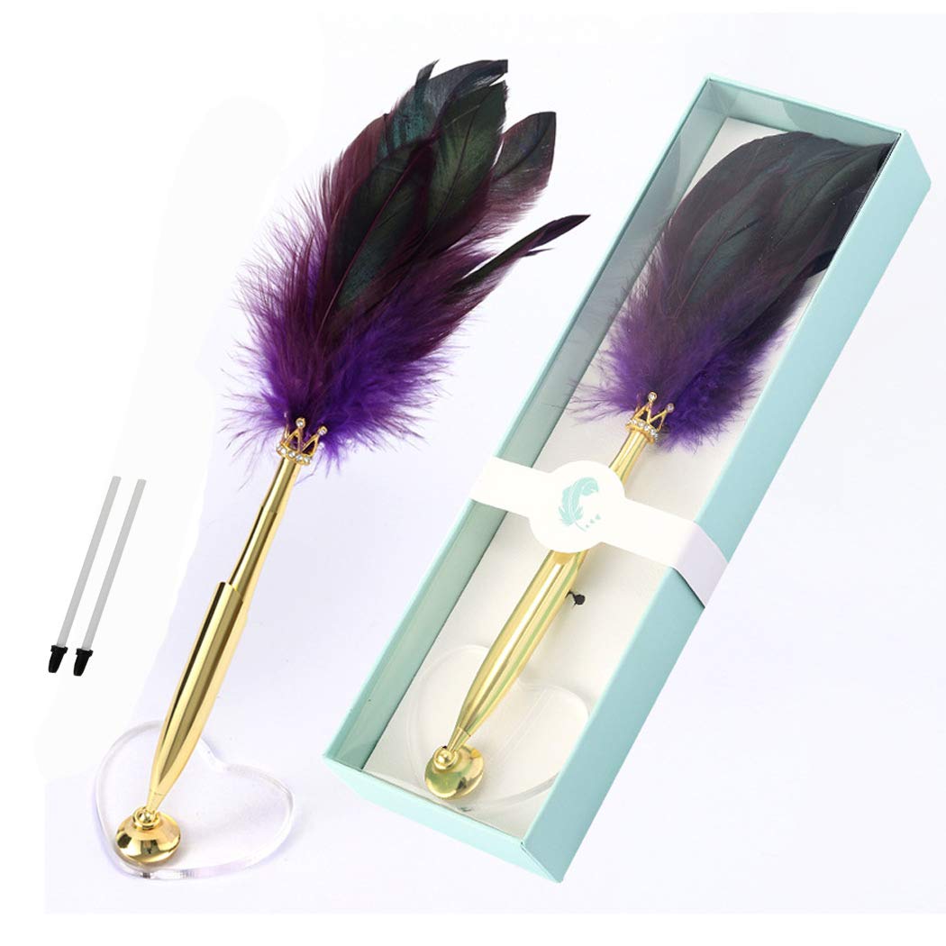 SIPLIV Feather Pen Rollerball Pen with Heart-shape Decorative Base Holder Black Ink Ballpoint Quill Pen Add an Elegant Touch to Weddings, Opening, Special Events and More, Purple