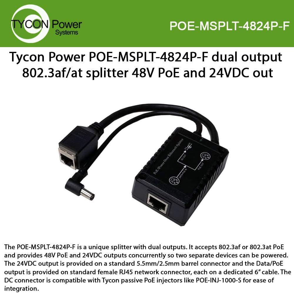 Tycon Dual Output 802.3af/at Splitter, 48V PoE and 24VDC, 15W, POE-MSPLT-4824P-F