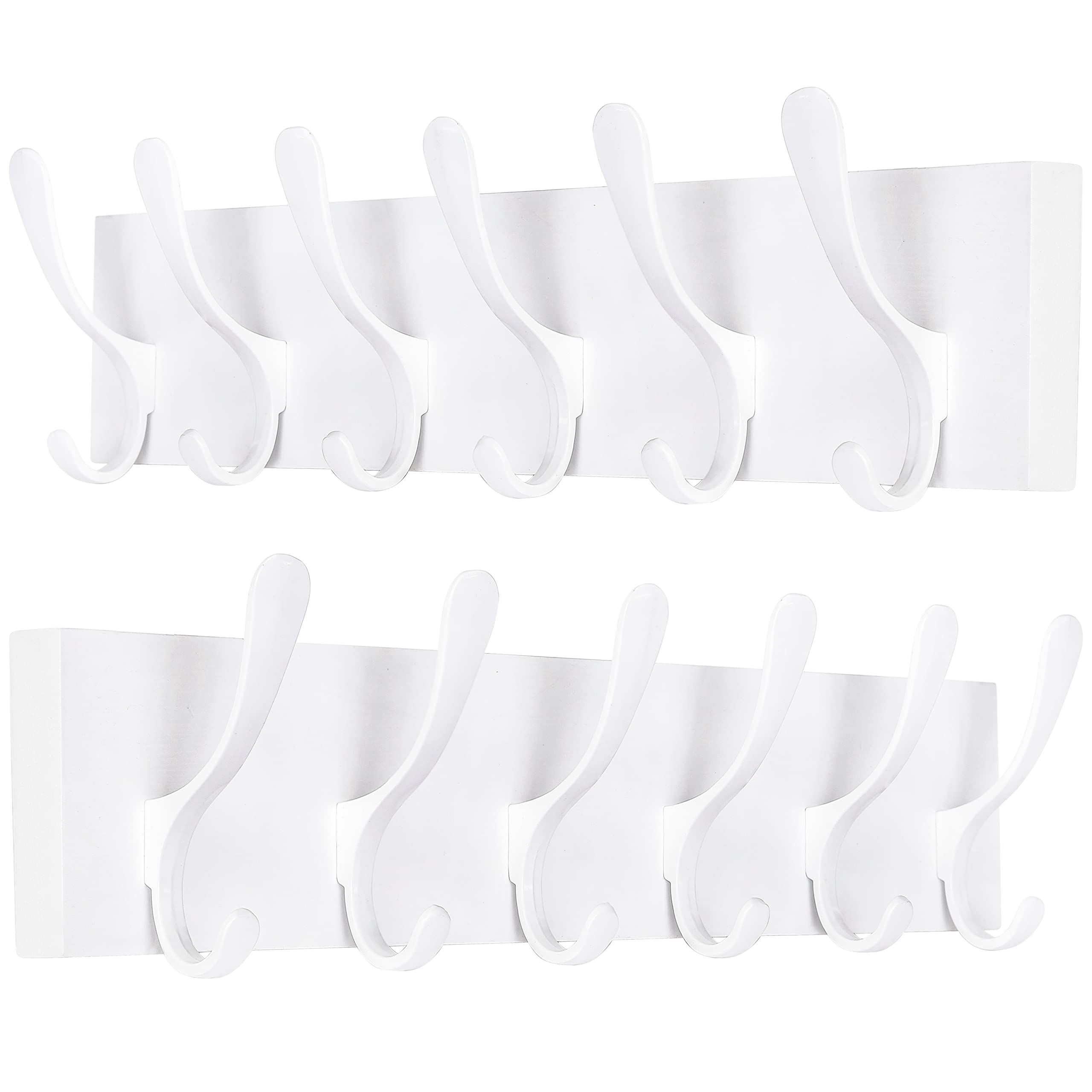 SKOLOO Coat Rack Wall Mount - Wooden White Wall Coat Hook, Pack of 2, Wall Coat Hanger Rack with 6 Hooks for Hanging Coats, Hats, Clothing, Scarfs, White