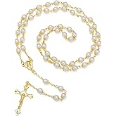 KOMI Catholic Rosary Beads for Women - Glass Pearl Beads Necklace with Saint Benedict Medal & Crucifix - Catolicos Rosary Gifts with Pouch