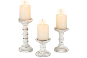 Candeldo Wood Candle Holders for Pillar: Rustic Candles Holder Set of 3 Tall Table Centerpiece Decor Wooden White Farmhouse Decorations for Fireplace Mantle