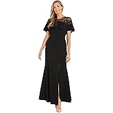R&M Richards Women's Long Stretch Dress W/Illusion Neckline Beaded Applique & Front Slit - Evening Cocktail Party