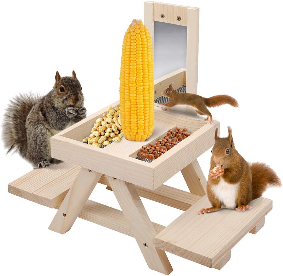 Backyard Birding & Wildlife - Solution4Patio Expert in Garden Creation Adorable Squirrel Feeder Picnic Table Shaped with Mirror, Corn Cob Holder and Snack Mesh Tray, for Fruit, Nuts, Peanut Butter Treats, Eay to Install