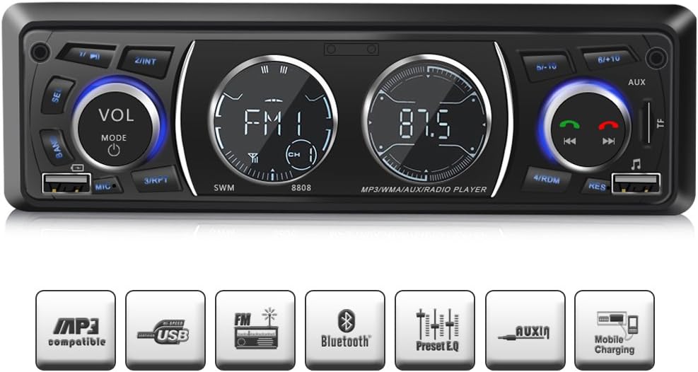 Car Stereo Receiver with Bluetooth, Single Din Univeral Car Radio,USB/TF Slot/FM/WMA/MP3 Player,Wireless Remote Control Included