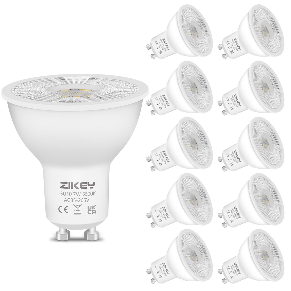 ZIKEY GU10 LED Light Bulbs, 7W LED Bulb (Equivalent to 60W), Cool White 6500K, 650LM, 38° Beam Angle, Energy-Saving LED Spotlight, Non-dimmable, 10 Pack