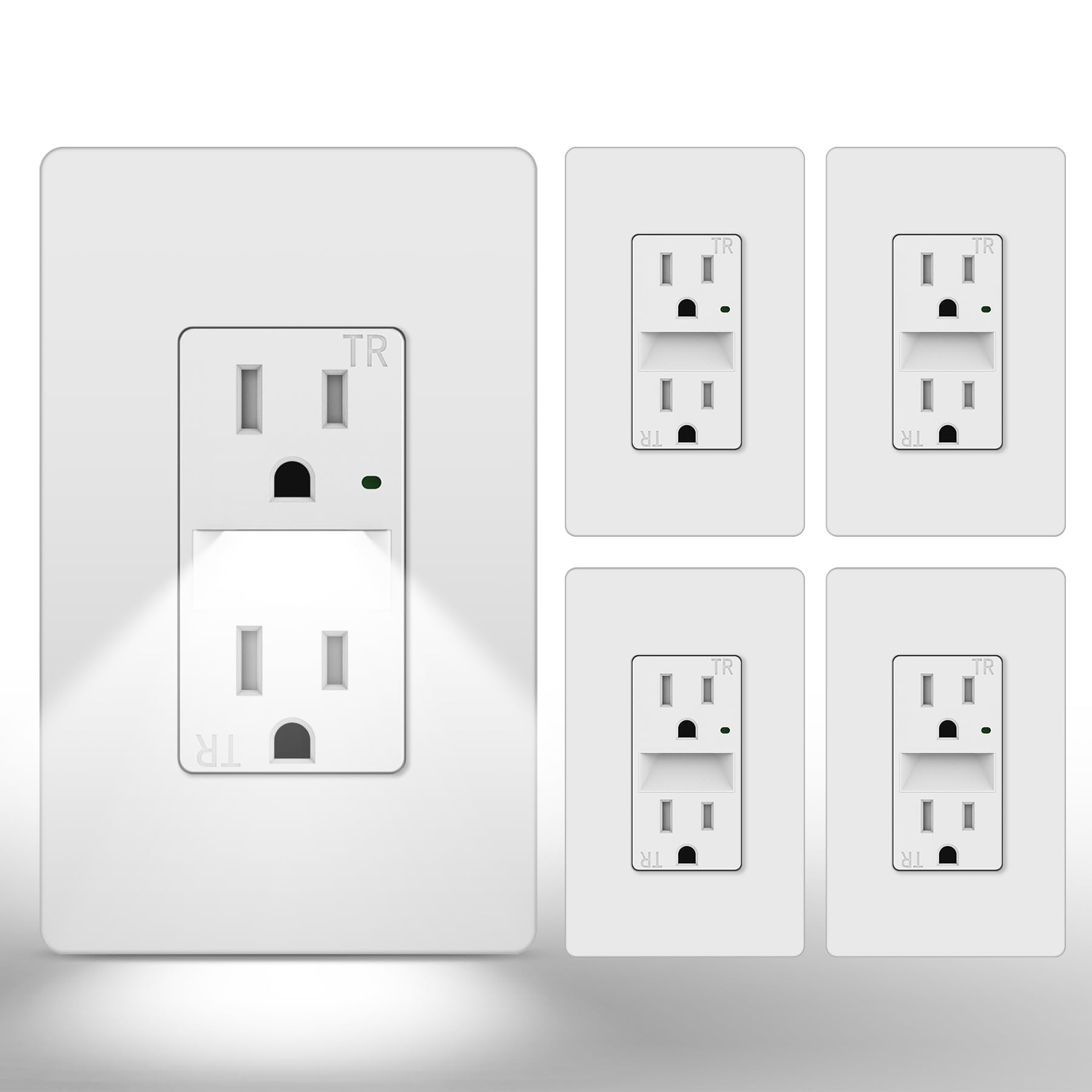 Photo 1 of CML Outlet with Night Light, 15 Amp Decorator Receptacle with LED Guide Lights and Dusk to Dawn On/Off Sensor, Tamper Resistant Electrical Outlets w/Screwless Wall Plate, ETL Listed, 5 Pack, White