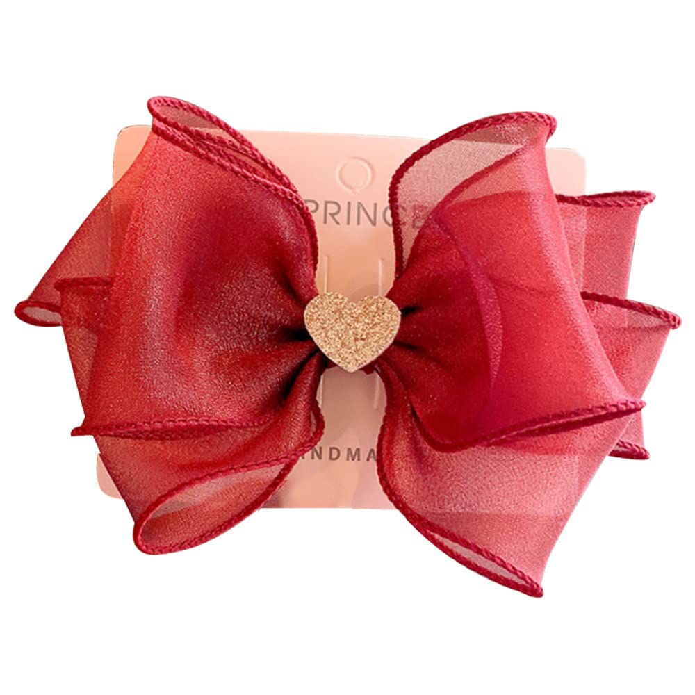 FEIFEI'S BOW Girls 5 Inches Princess Handmade Chiffon Heart Bow Hair Clip Alligator Clips Girls baby kids Infants Toddlers Ribbon Hair Accessories Barrettes (Burgundy with Heart)