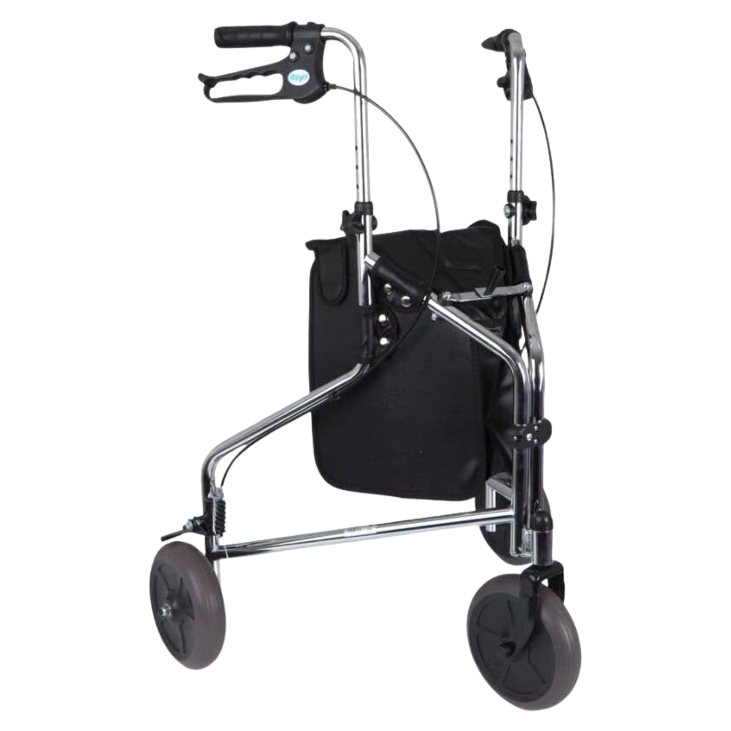 Days Tri Wheel Folding Walker withLoop and Lockable Brakes, Mobility Aid, Easy to Manoeuvre & Height Adjustable, For Eldery and Disabled Users, Chrome Plated
